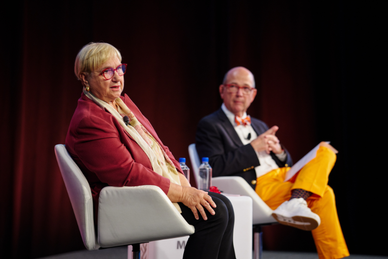 Joe Coughlin (right) during a fireside chat with Lidia Bastianich (left)