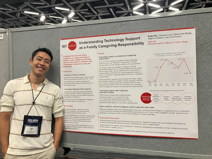 Wu standing beside his poster at the conference